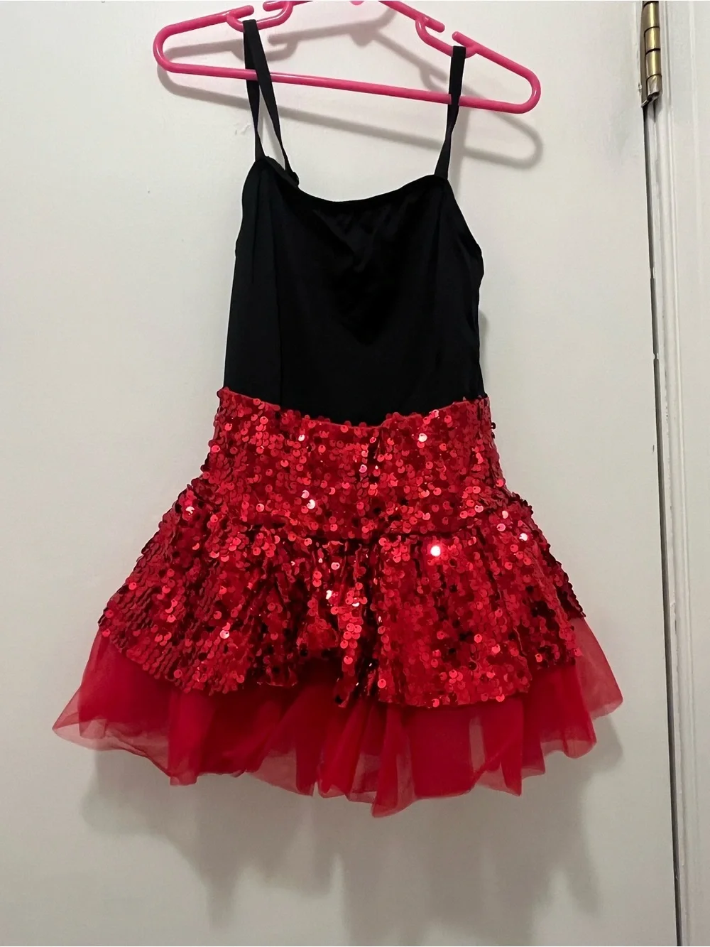 Weissman Red Sequin Layered Party Dress with Black Faux Leather Jacket